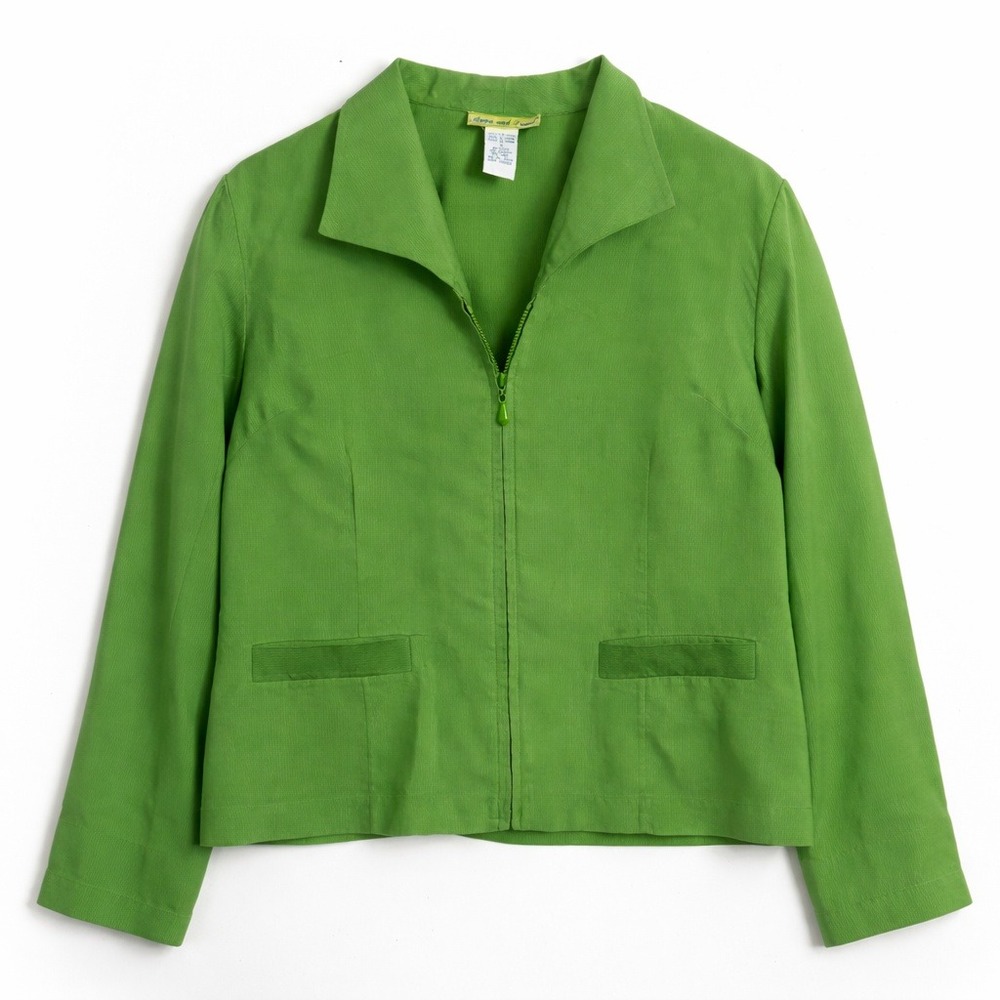 Anna and Frank Womens 100% Silk Zip Jacket Lime Green Lagenlook sz S Colorblock